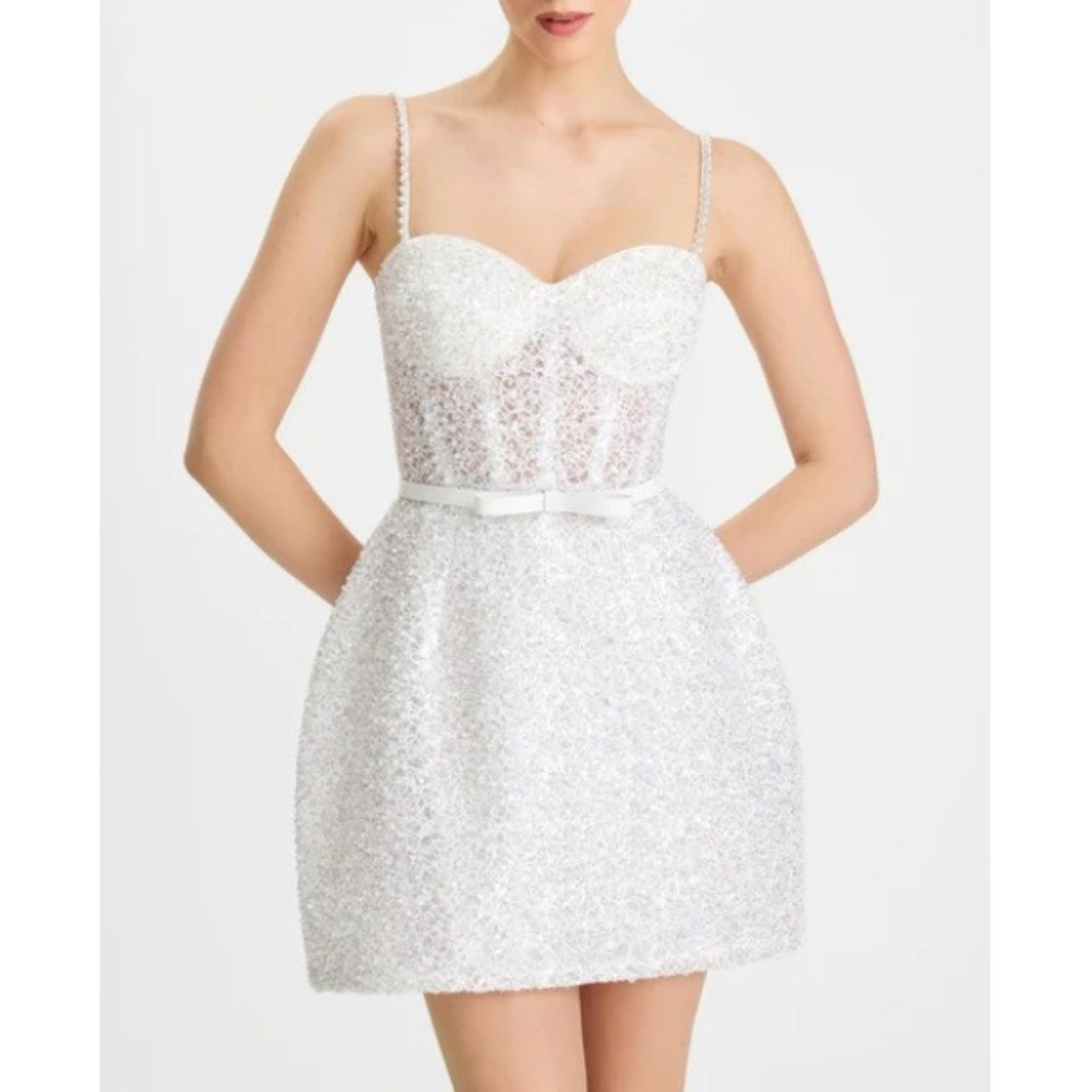 NADINE MERABI Alice Mini Dress White Women Size 10 Large Formal Corset Sequins
